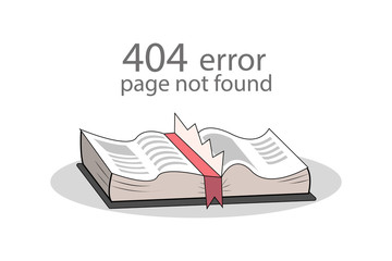 Page not found 404 error concept. Book with a paper, page torn missing isolated on white background, funny layout for web page. Vector illustration