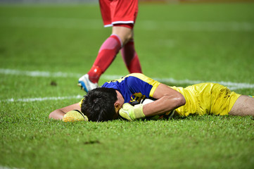 The goalkeeper lies on the ground clutching the ball..