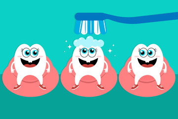 Oral health care concept. Toothbrush brushing one happy cartoony teeth with toothpaste bubbles foam on it and two other looking exited ready waiting to take a wash too, dental care. Vector horizontal