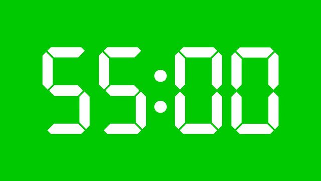 Digital countdown of 60 seconds with complete sixtieths: slow down 60x and get a one hour complete timer with minutes and seconds - 60 fps to avoid interpolation artifacts. Green screen, Alpha channel