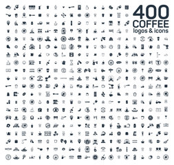 Fototapeta na wymiar Coffee details and tools 400 isolated icons set on white background. Logo and sign for coffee shop and house