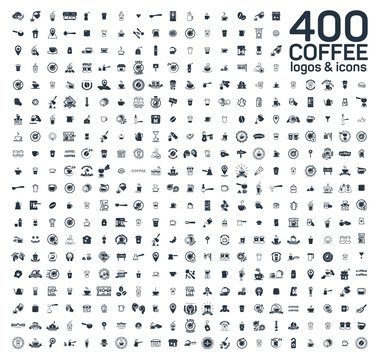 Coffee details and tools 400 isolated icons set on white background. Logo and sign for coffee shop and house