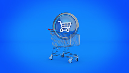 E-commerce glossy icon with shopping cart. 3d Rendering