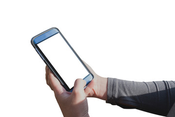 ISOLATED HANDS OF WOMAN USING BLUE SMARTPHONE WITH BLANK WHITE SCREEN FOR ADD WEB PAGE, TEXT, OR IMAGE