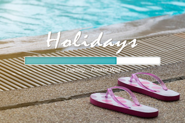 WEEKEND LOADING BAR WITH PINK FLIP FLOP BY THE EDGE OF SWIMMING POOL (The Image Has Shallow Depth...