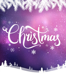 Christmas and New Year typographical on background with winter landscape with snowflakes, light, stars. Xmas card.