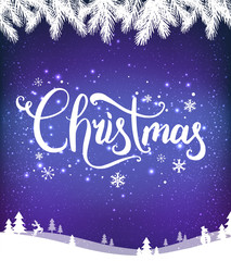 Naklejka premium Christmas and New Year typographical on background with winter landscape with snowflakes, light, stars. Xmas card.