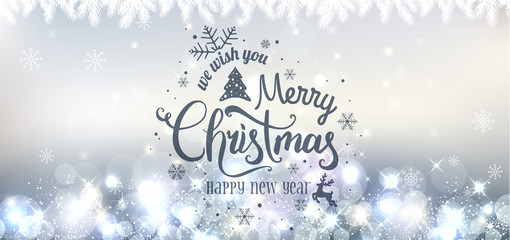 Naklejka na ściany i meble Christmas and New Year typographical on holidays background with snowflakes, light, stars. Xmas card.
