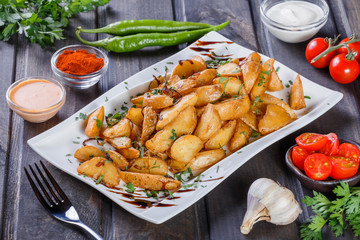 Roasted or baked potato with herbs, garlic, tomatoes and sauce on white plate on dark wooden background