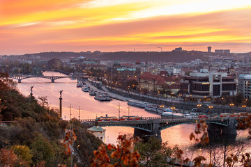  Moldau river embankment, Old town, Prague (UNESCO), Czech republic - town at sunrise in the autumn morning