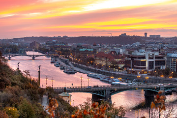  Moldau river embankment, Old town, Prague (UNESCO), Czech republic - town at sunrise in the autumn morning