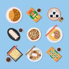 Japanese food. Delicious dishes from Japan country traditional cuisine. Illustrations of eastern asian countries meals from above.