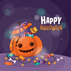 Halloween background with pumpkin and candy for trick or treat. Flyer or invitation template for Halloween party.
