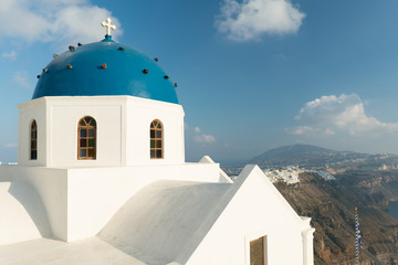 The Anastasi Church in Imerovigli against the Santorini caldera, Santorini