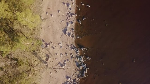 Rocky beach shore with many boulders and blue sea nordic nature, naked trees, fly away top dowm view