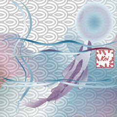 Pattern with fish and sunset, Koi carp on  traditional Japanese background. Monochrome pastel soft blue. Vector illustration, Cyprinus Carpio.