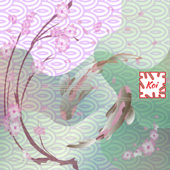 Set with fish and sakura, Koi carp on traditional Japanese background. Monochrome pastel soft pink, green and gray. Vector illustration, Cyprinus Carpio.
