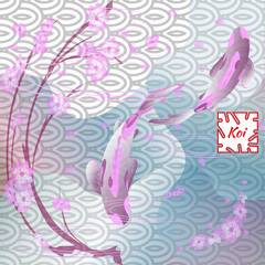 Set with fish and sakura, Koi carp on traditional Japanese background. Monochrome pastel soft pink and blue. Vector illustration, Cyprinus Carpio.