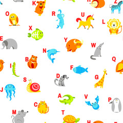 Alphabet animals and letters study material for children vector. U for unicorn, dog and hedgehog, mouse and cat, fish and turtle, snail and alligator.