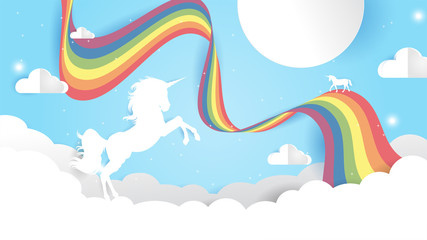 Unicorn Paper cut on Blue sky with rainbow
