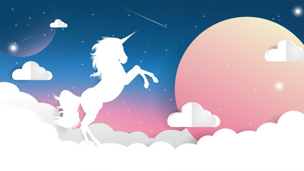 Unicorn Paper cut on Night sky with moon light