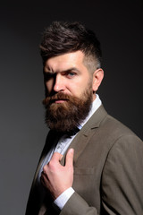 Follow sound business trends not fashion trends. Man with long beard in business wear. Bearded man...