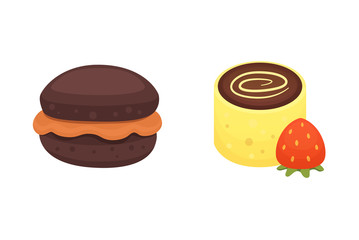 chocolate muffin and dessert roll bakery products. Sweet cupcake vector illustration.