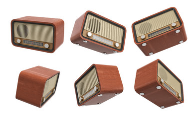 3d rendering of several retro analogue radio sets hanging on a white background.