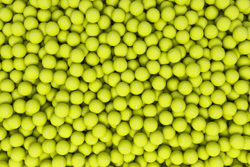 3d rendering of many acid yellow tennis balls lying in a heap as seen from above.