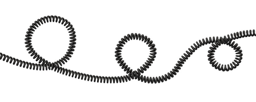 3d rendering of a single curved spiral cable lying on a white background.