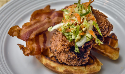 quail with waffles and bacon 