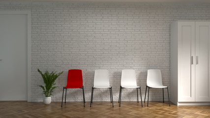 White chair and red chair Storage Cabinet in front of empty wall co working environments interior Model Home office Meeting rooms have computers,notebooks. Business 3d rendering,Recruitment