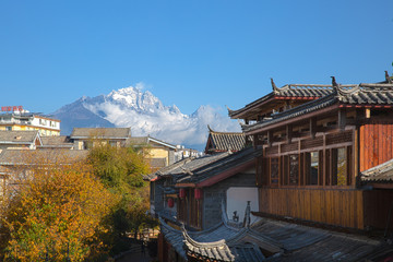 Fototapeta na wymiar Jade Dragon Snow Mountain from Lijiang Ancient Town ,Yunnan ,China