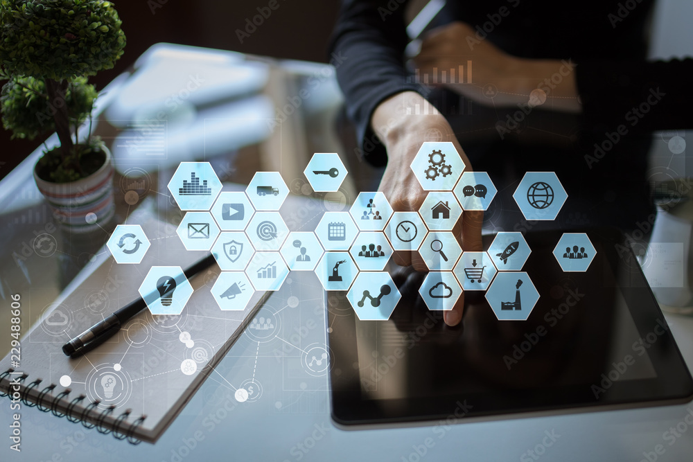 Poster virtual screen interface. internet and digital technology in business concept.
