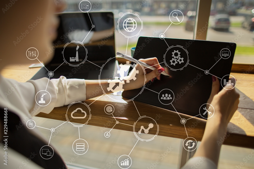 Poster data integration diagram and process automation business internet technology concept on virtual scre