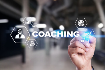 Coaching and mentoring on virtual screen. Personal development concept.