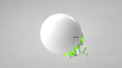 Fractured white sphere with green glow