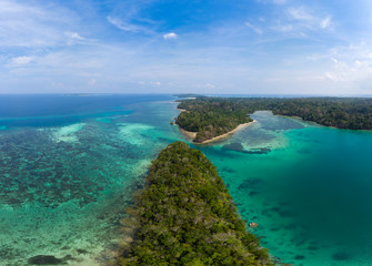 Fototapeta na wymiar Aerial view tropical beach island reef caribbean sea. Indonesia Moluccas archipelago, Kei Islands, Banda Sea. Top travel destination, best diving snorkeling, stunning panorama.