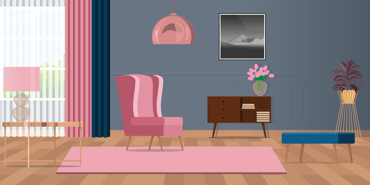 Interior design of the living room in pink and blue with cozy furniture. Vector flat illustration.