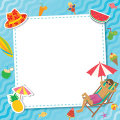 Summer pool party for template frame decorated with accessories and activity beach