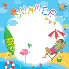 Fotobehang Illustratie vector van zomer frame sjabloonontwerp met kleurrijke op de achtergrond van het strand concept. © tharnthip
