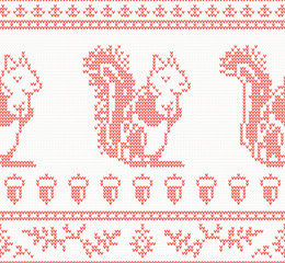 Knitted Squirrel Seamless Pattern in Red Color.