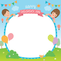 Illustration vector of Children's day  template design with cute kids boy and girl on park background.