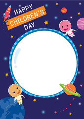 Illustration Children's day design with space and astronauts, rocket moon and stars on galaxy background.