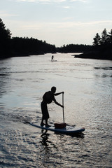 Silhouette of a man paddling on a a stand up paddle board in the Canadian wilderness