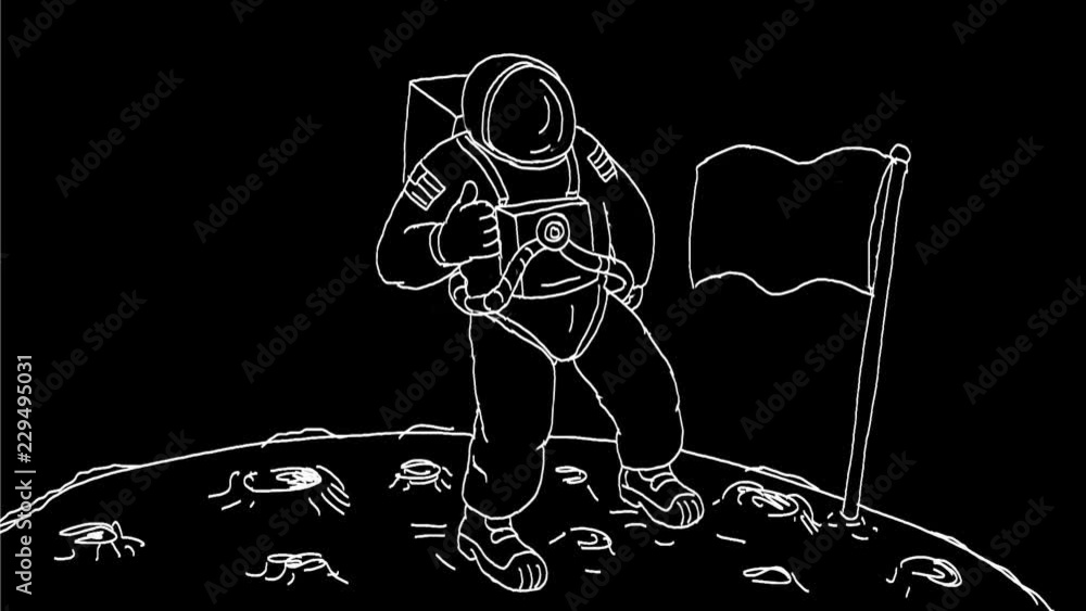 Poster 2d animation motion graphics showing a drawing of an astronaut, cosmonaut, spaceman standing thumbs 