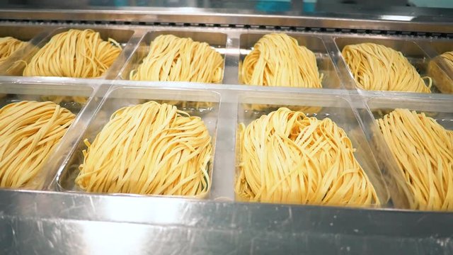 many types of high quality pasta been produced at a large modern pasta factory.