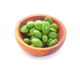 Parkia speciosa seeds, Sato seeds, bitter bean isolated on white background.Thai vegetable food