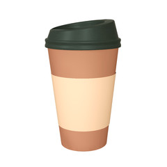 Realistic paper coffee cup with black cap and cup holder. Isolated on white background. Vector Illustration