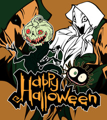 Cartoon halloween illustration of a funny monster ghost. Bogy with sharp claws. Hand drawn mascot isolated